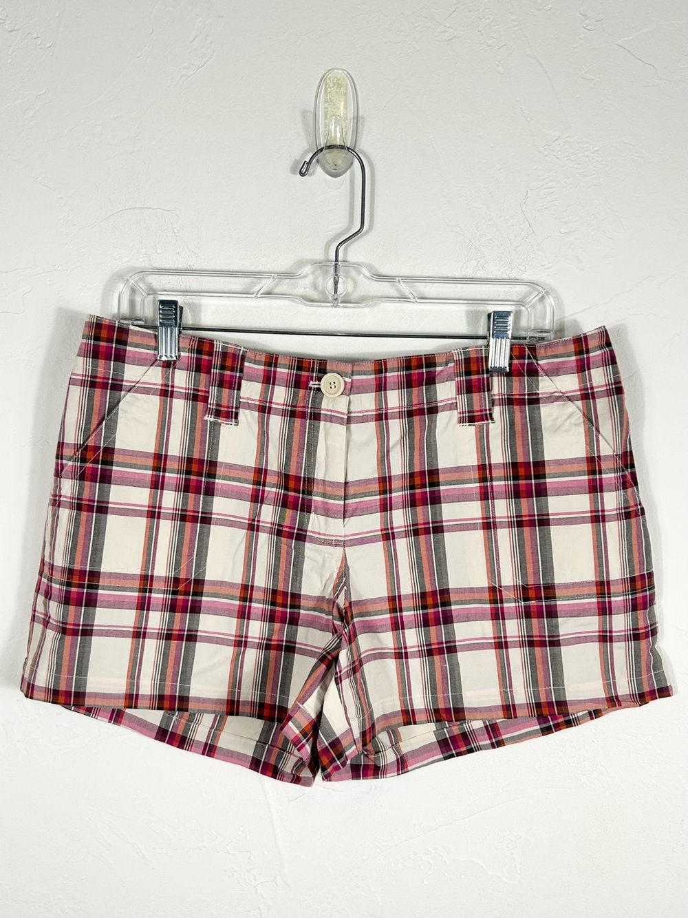 New York and Company Preppy Pink Tartan Checked Chino Shorts Size 10